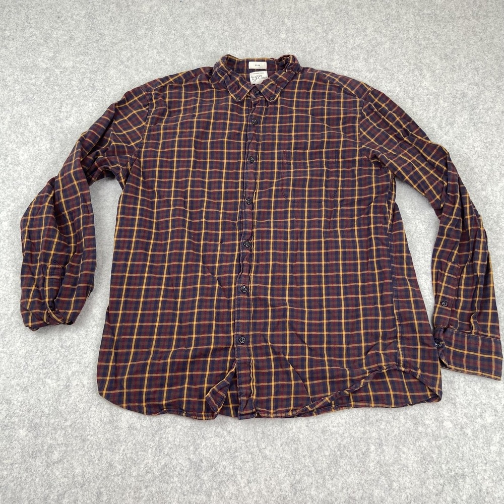 J Crew Shirt Mens XL Blue Burgundy Plaid Brushed Twill Slim Fit Long Sleeve